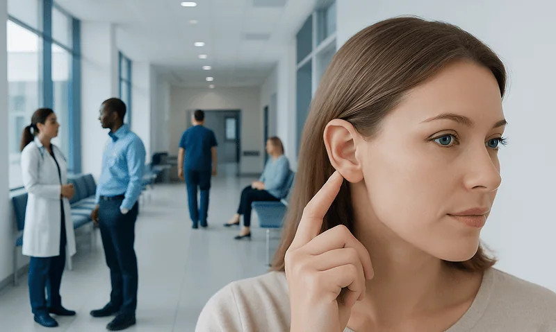 Patient listening to her ear at a hospital corridor.