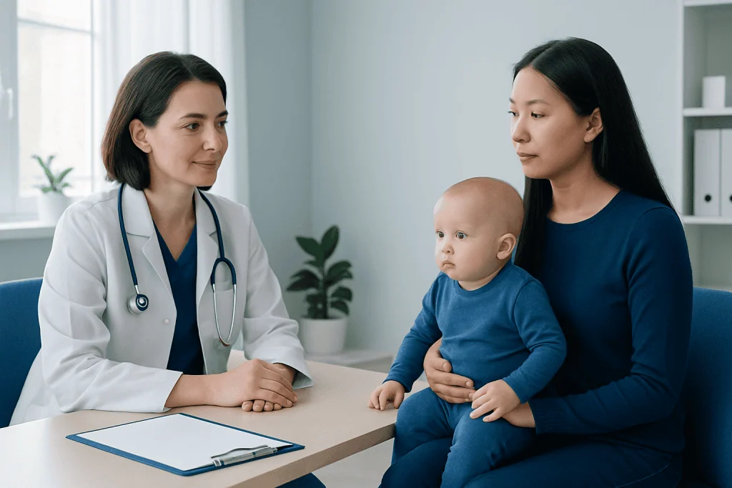 Pediatric consultation at a hospital with a doctor and mother with child.