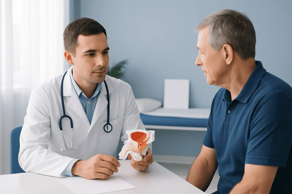 Urologist explaining prostate anatomy to patient in consultation room.