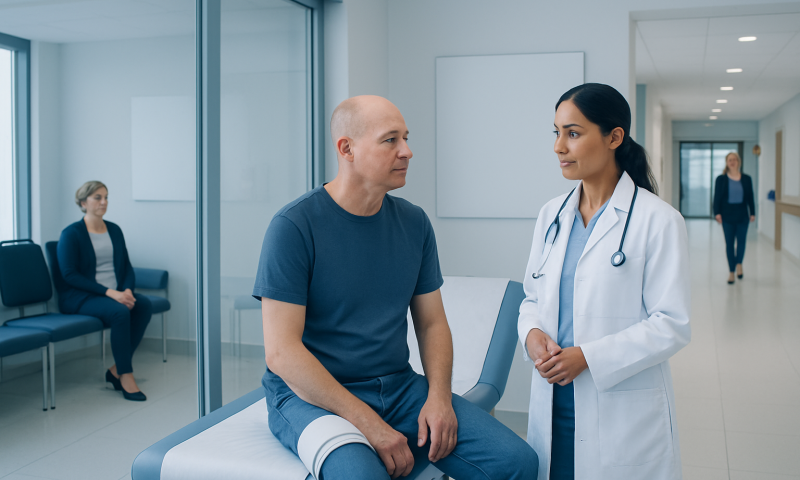 Doctor consulting with a male patient in a hospital corridor.