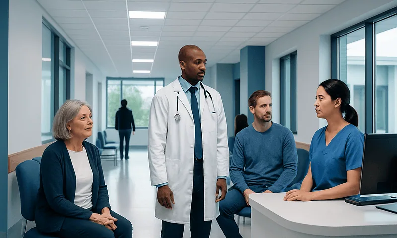 Doctor consulting with patients in a hospital corridor.