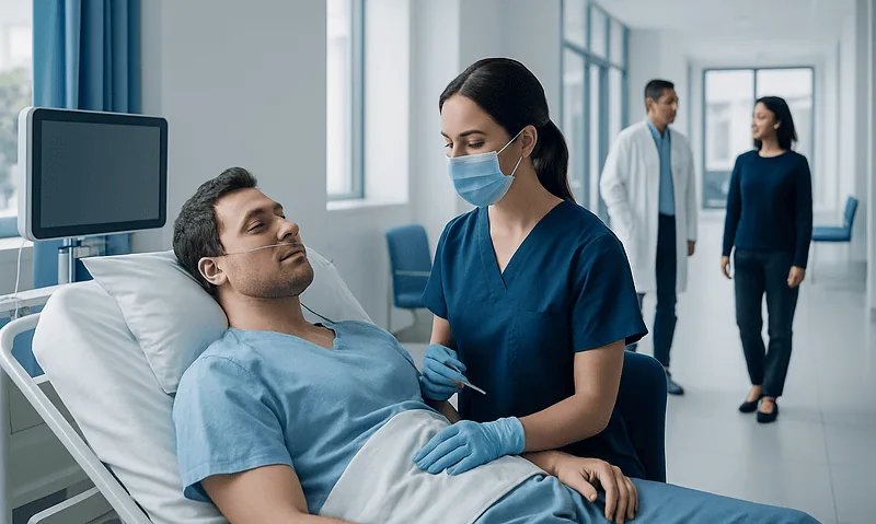 Patient and nurse in hospital room preparing for sedation procedure.