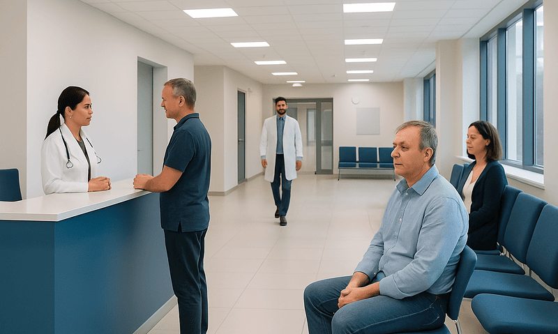 Patients and doctor in a hospital waiting area at Acibadem Hospitals Group.