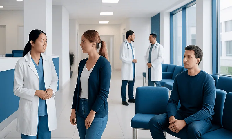 Patients and doctors in a modern hospital waiting area.