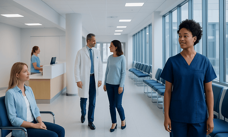 Healthcare professionals and patient in a modern hospital corridor.