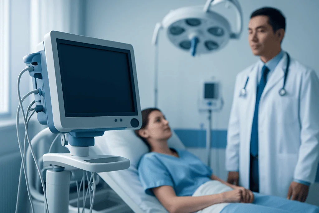 Doctor consulting with patient in hospital room with medical equipment.