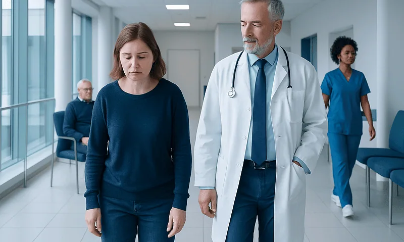 Doctor and patient walking in hospital corridor with medical staff in background.