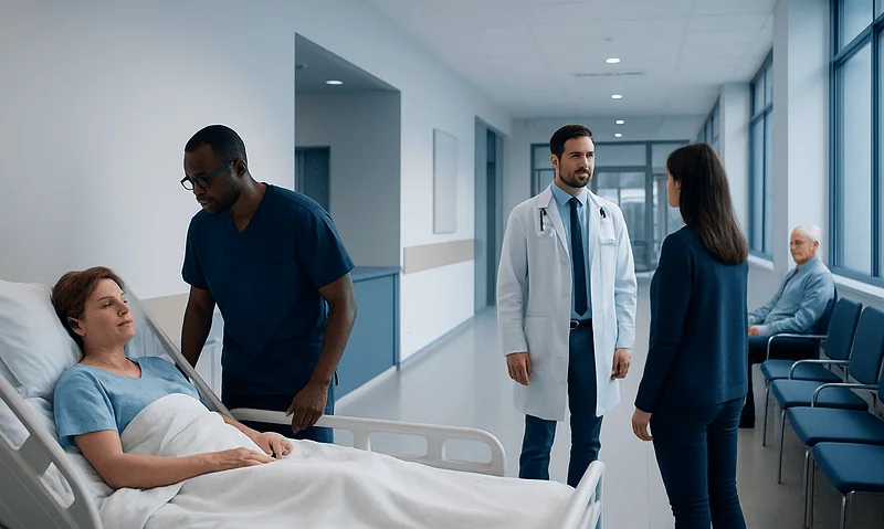 Hospital corridor with patient, doctors, and visitors in a healthcare setting.