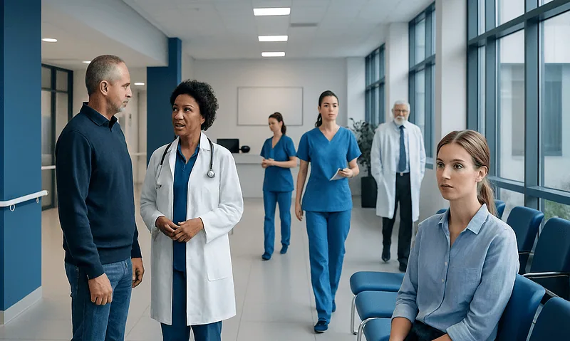 Medical team discussing patient care in hospital corridor.
