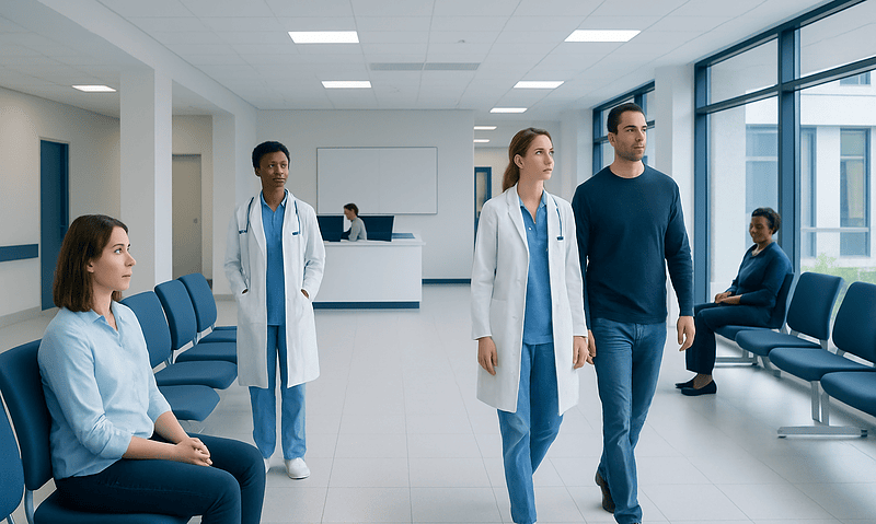 Medical professionals and patients in a hospital waiting area.