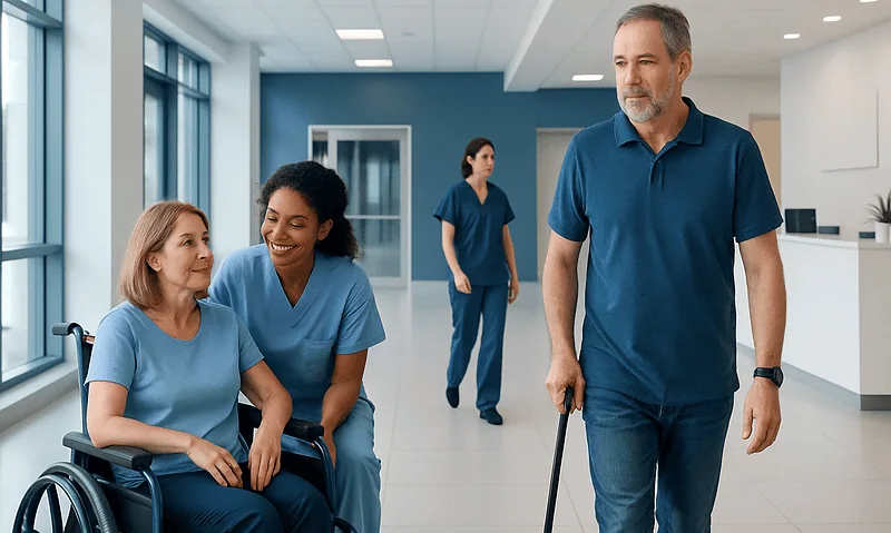 Older man with cane walking past two nurses in a hospital corridor.