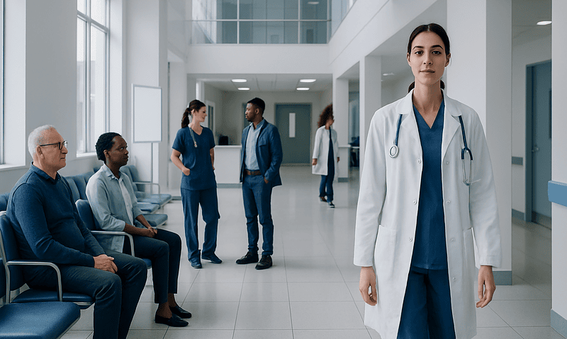 Healthcare professionals and patients in a modern hospital corridor.
