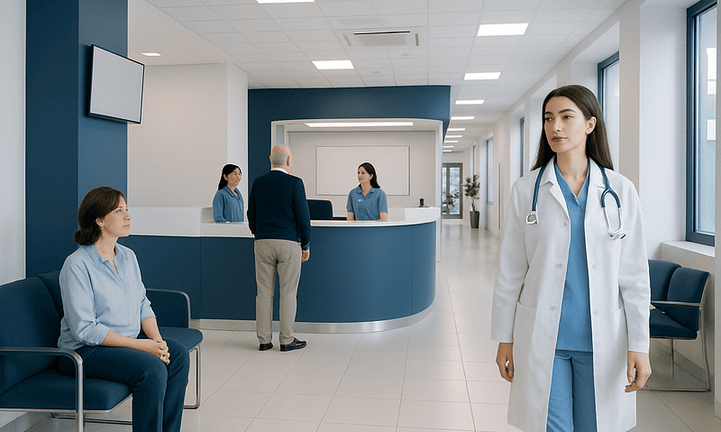 Healthcare professionals and patients in a modern hospital reception area.