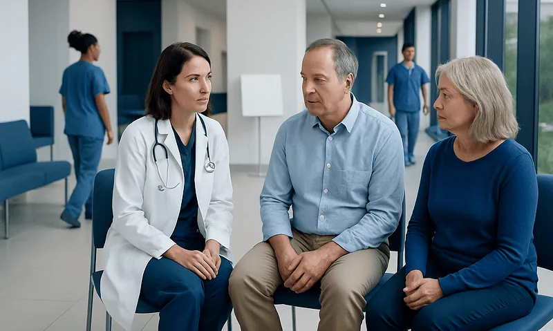 Doctor consulting with elderly couple in hospital corridor.