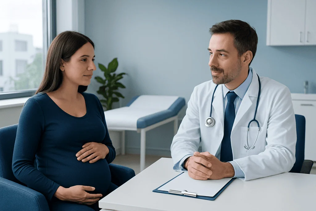 Pregnant woman consulting with a doctor in a medical office.