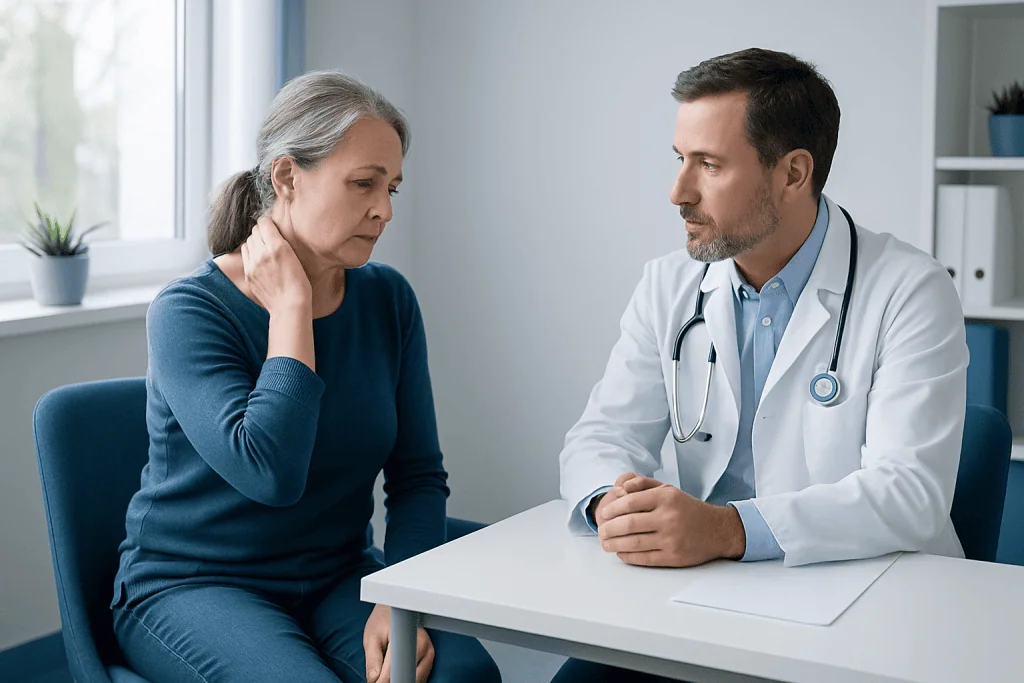 Doctor consulting with an elderly woman in a medical office.