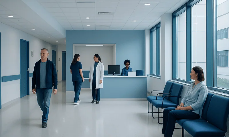 Modern hospital corridor with patients and staff in a bright, clean environment.