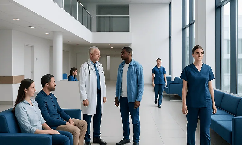 Hospital waiting area with medical staff and patients in a modern facility.