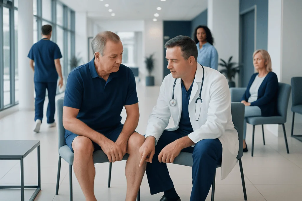 Venous Insufficiency Legs: An Evidence-Based Guide for Patients 1 Doctor examining patient's leg in a hospital corridor.