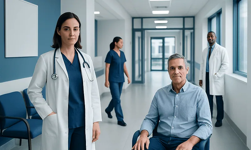 Medical team at Acibadem Hospital with doctor and patient in corridor.