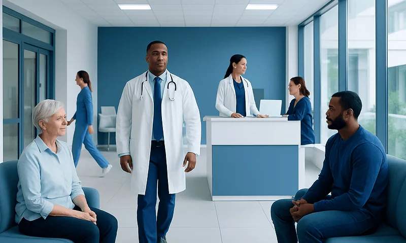 Medical consultation in a modern hospital with diverse healthcare professionals and patients.