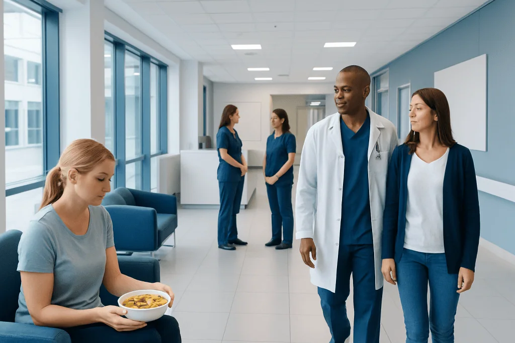 Weight Loss Soup — Explained by Medical Evidence, Not Myths 1 Hospital corridor with medical staff and a patient with food.