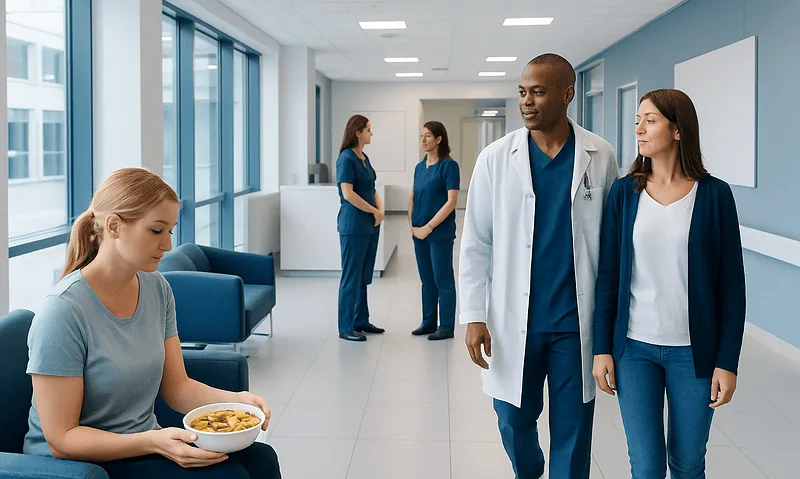 Weight Loss Soup — Explained by Medical Evidence, Not Myths 5 Hospital corridor with medical staff and a patient with food.