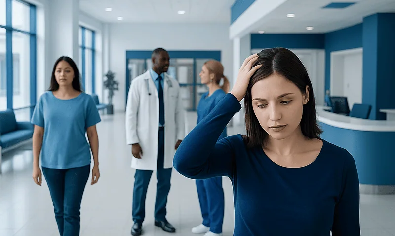 Concerned woman with dandruff in a hospital lobby with medical staff.
