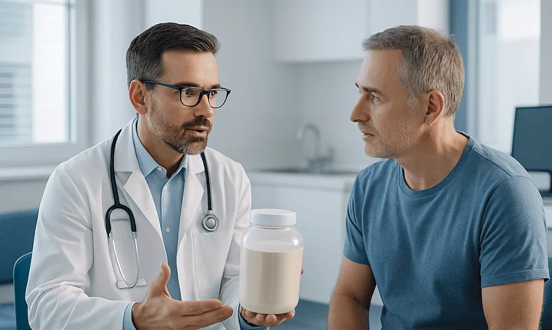 Doctor explaining whey protein supplement to patient in clinic setting.