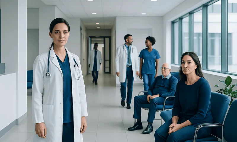Medical professionals and patients in a hospital corridor.