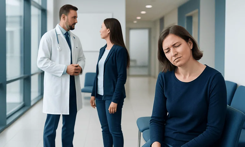 Patient experiencing neck pain during medical consultation at hospital.