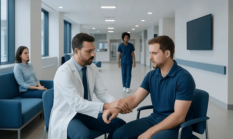 Doctor examining a patient's shoulder in a modern hospital corridor.