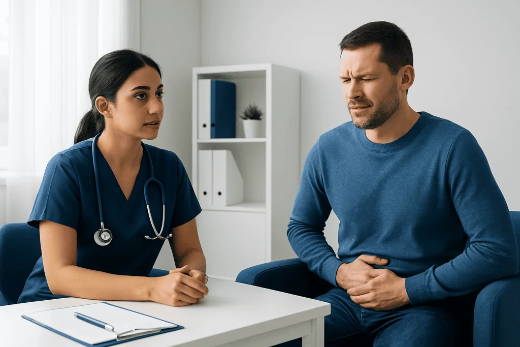 Doctor consulting a patient about digestive health concerns in a clinic setting.