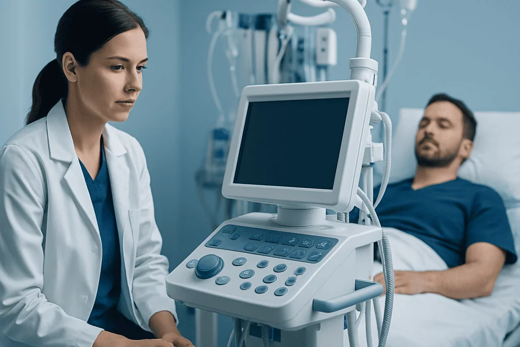 Medical professional operating ultrasound equipment in hospital room.