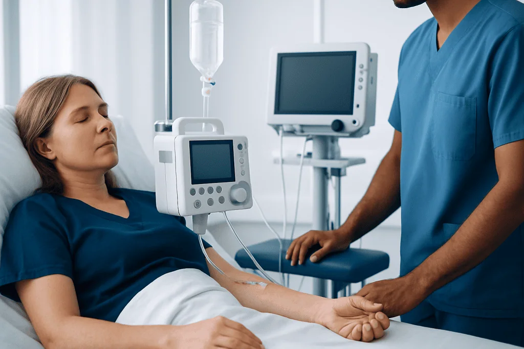 Patient receiving medical care with IV and monitoring equipment at Acibadem Hospital.