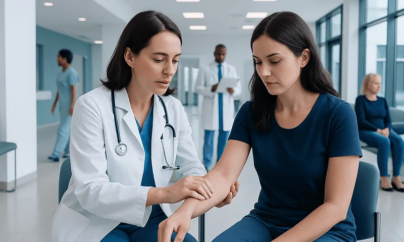 Doctor examining a patient's arm in a modern hospital setting.