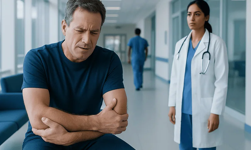 Man with elbow pain in hospital corridor with doctor nearby.