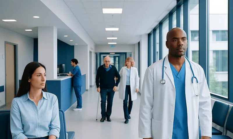 Medical professionals and patients in a modern hospital corridor.