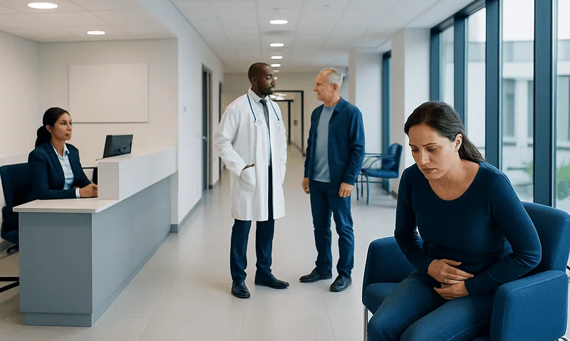Patient experiencing abdominal discomfort in a hospital waiting area.