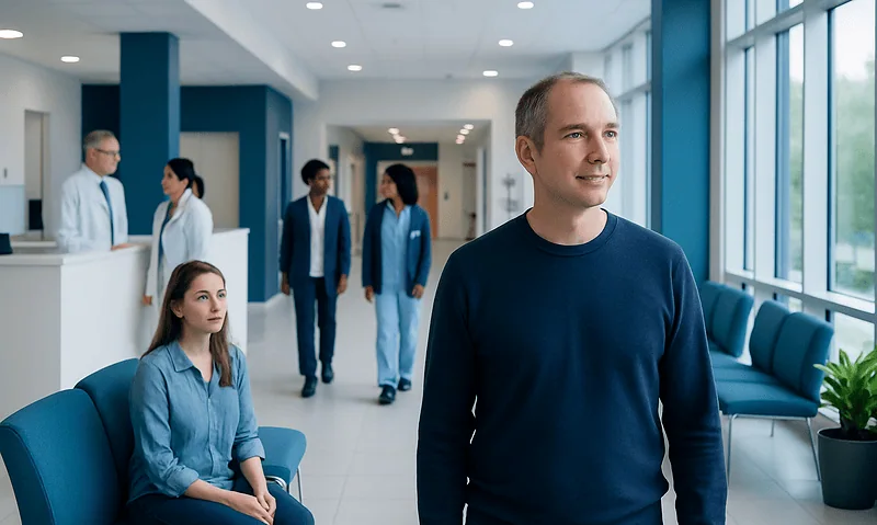 Patient waiting in hospital corridor at Acibadem Hospitals Group.