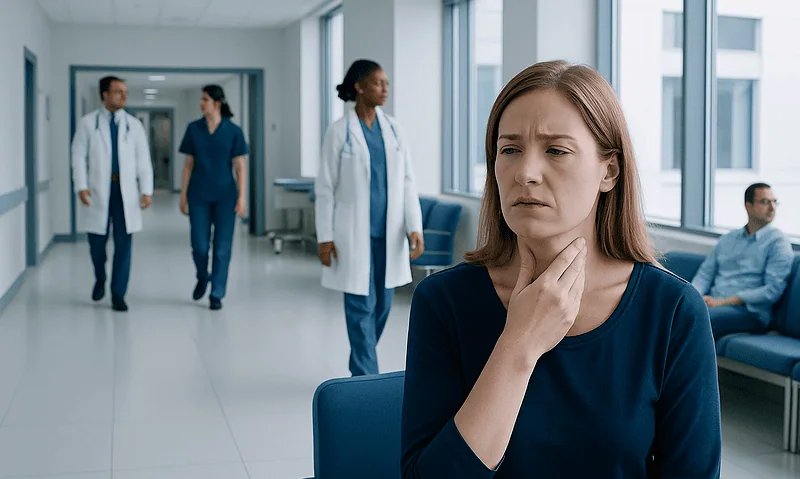 Young woman with throat discomfort in hospital corridor with medical staff.