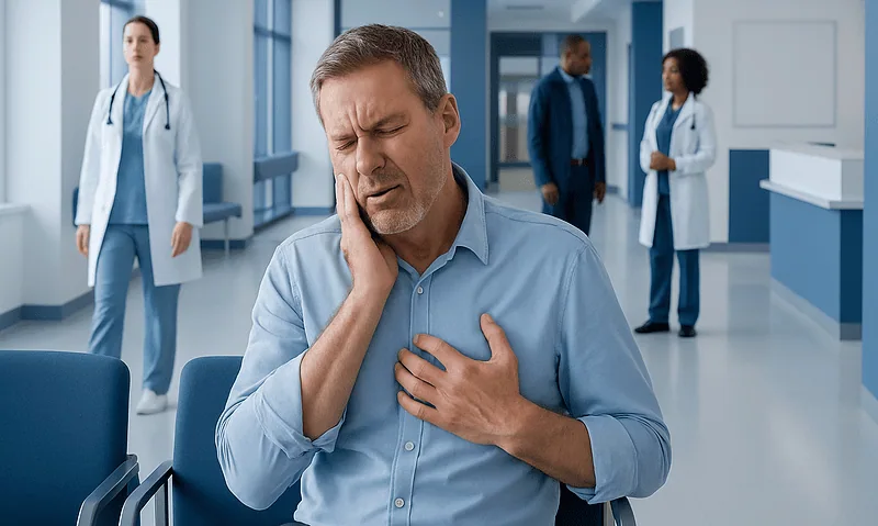 Man experiencing chest pain in hospital waiting area with medical staff nearby.