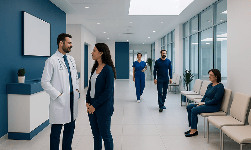 Medical professionals and patients in a modern hospital corridor.