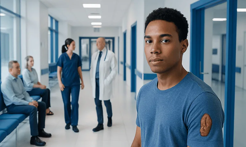 Young man with a keloid scar on his arm in a hospital corridor.