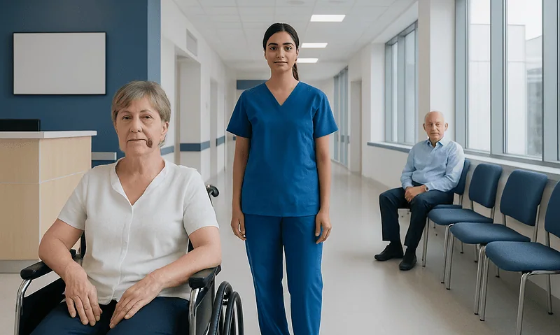 Healthcare professionals with elderly patients in a modern hospital corridor.