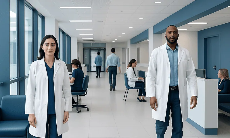 Doctors and staff in a modern hospital corridor at Acibadem Hospitals Group.