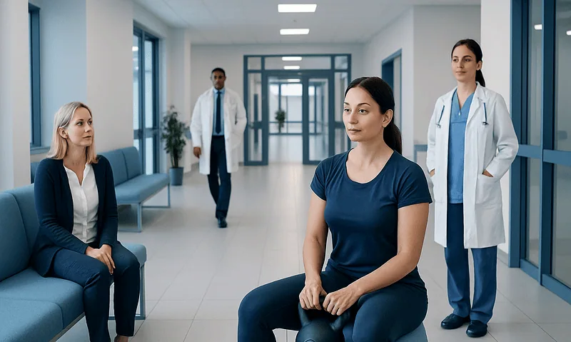 Patient in a medical consultation room with healthcare professionals.