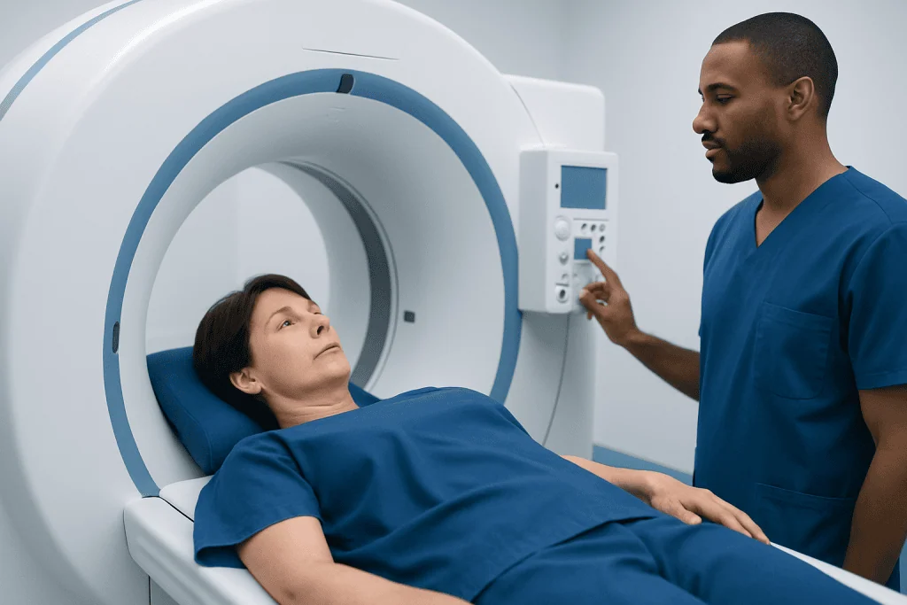 Patient undergoing MRI scan at Acibadem Hospital with medical staff present.