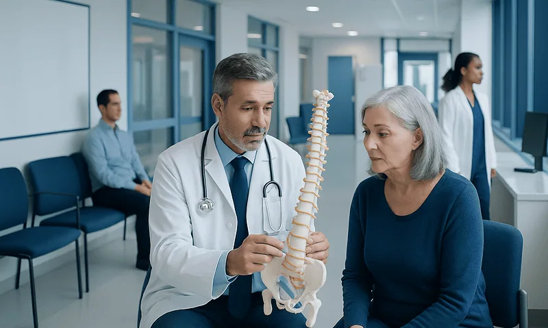 Doctor explaining osteoporosis treatment with spine model to elderly woman in clinic.