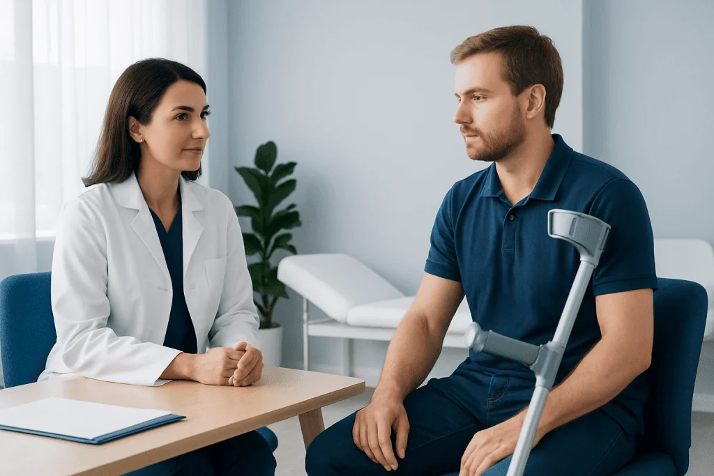 Doctor consulting with patient using crutches in a medical office.